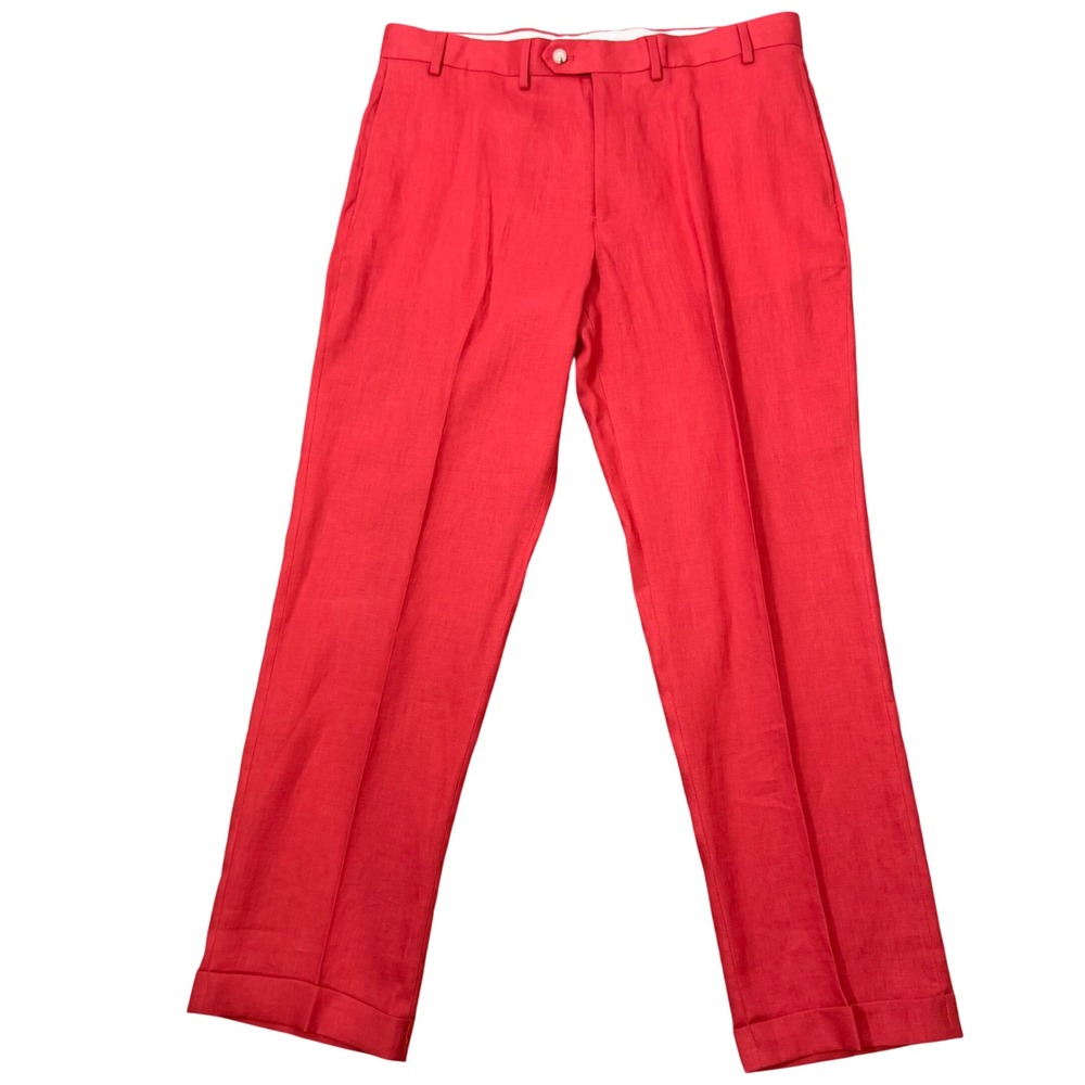 Paul Fredrick Red Linen Dress Pants (38x33) Flat Front Cuffed Resort Preppy NWOT